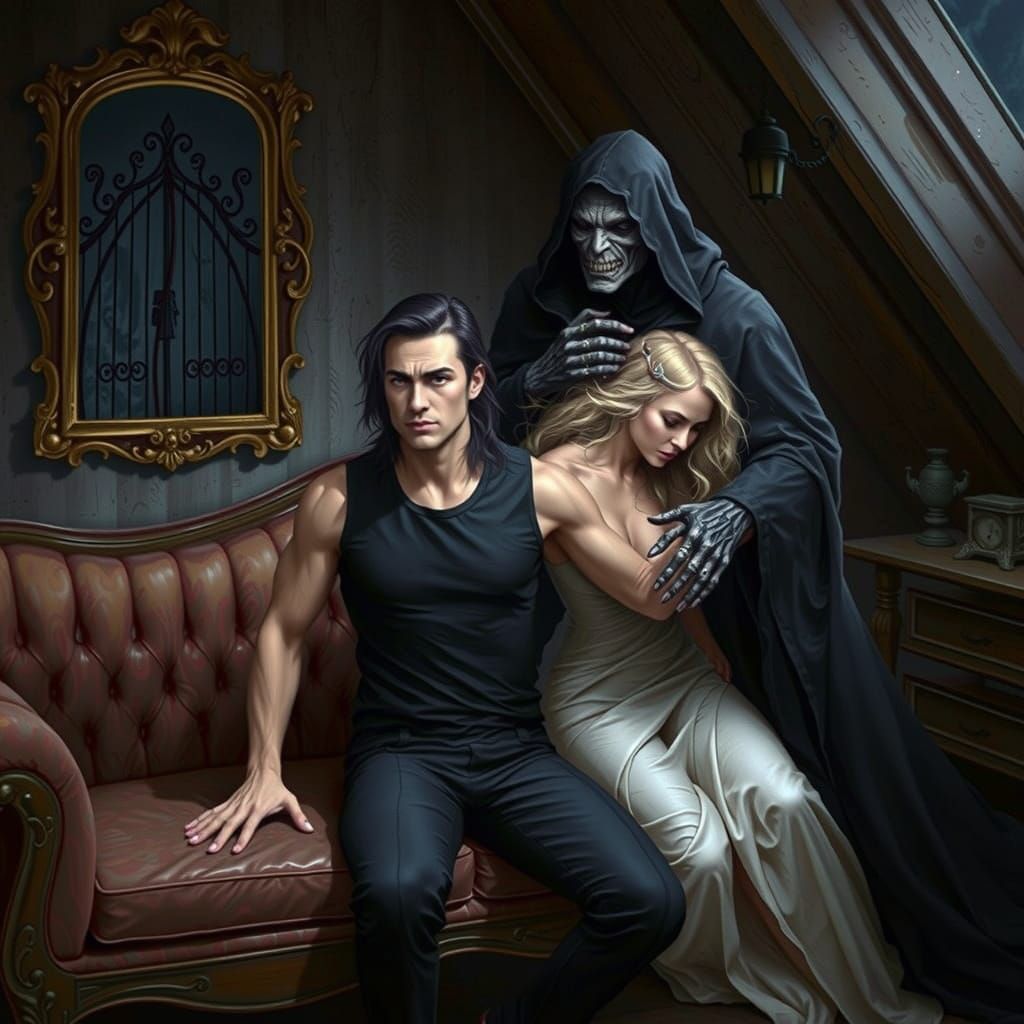 Mysterious Attic Scene with a Desperate Man and a Dark Figur...