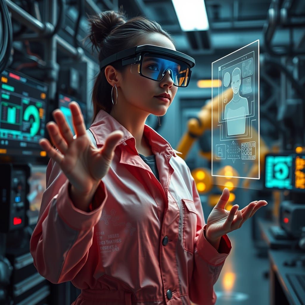 Engineer Interacting with Holographic Interface in AR Glasse...