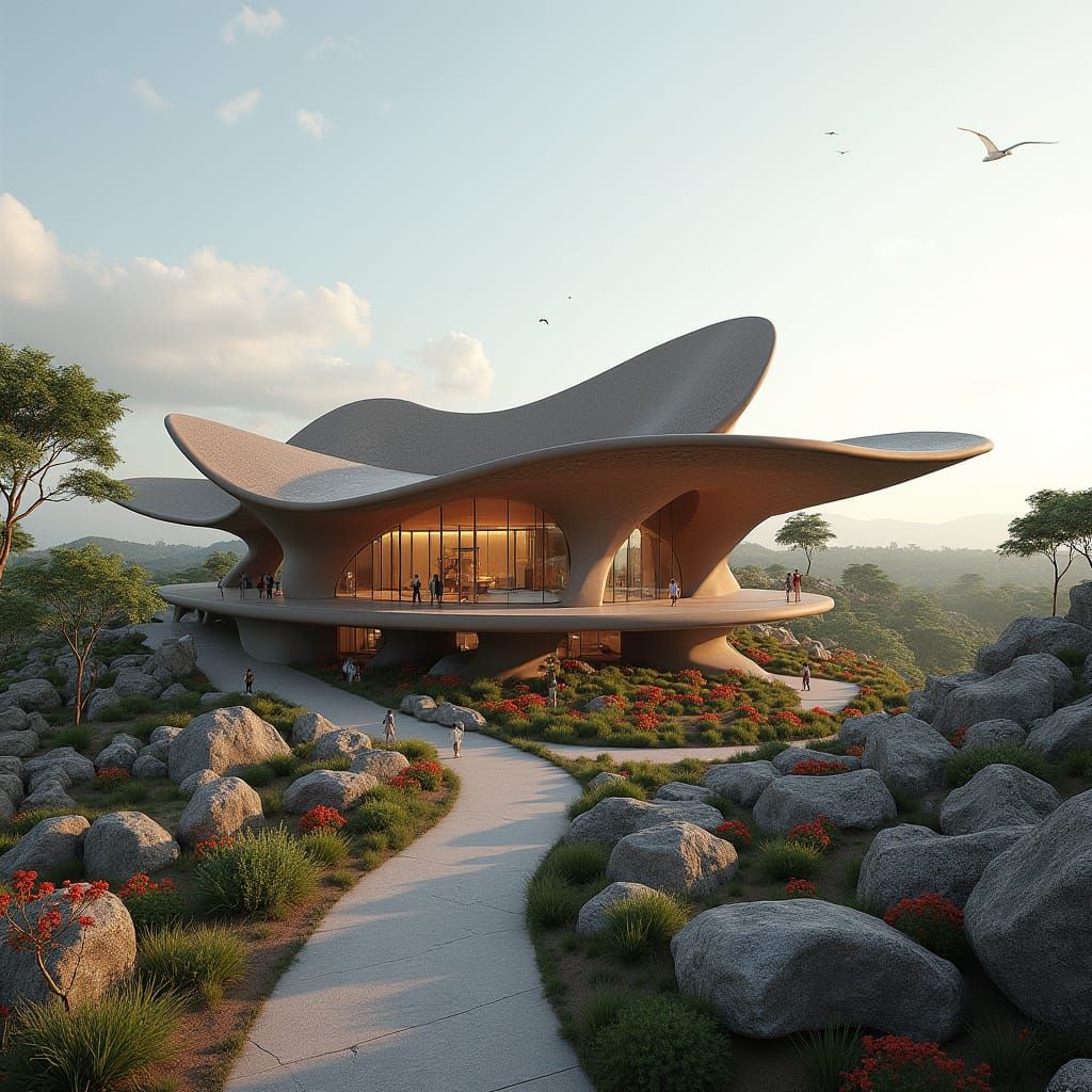 Futuristic Building with Organic Petals and Geometric Forms