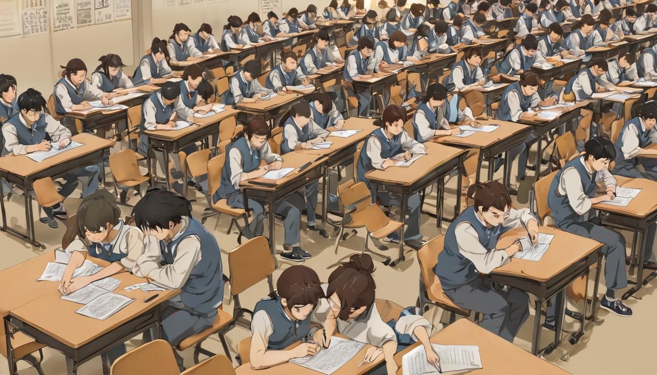 Anime Style Examination Hall with Students