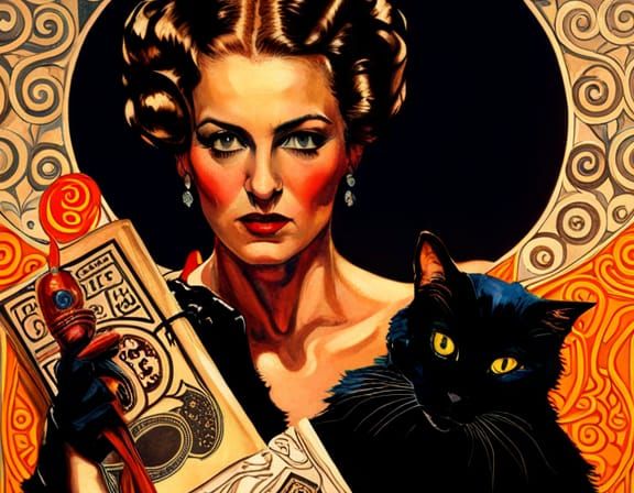 Black Cat in Bohemian Art Nouveau Style