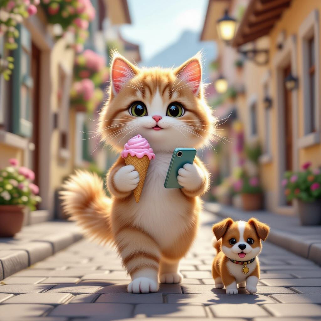 Sparkling Cat Strolls Down Charming Street