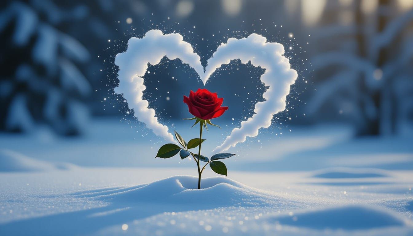 Rose Pushing Through Snow with Heart-Shaped Air