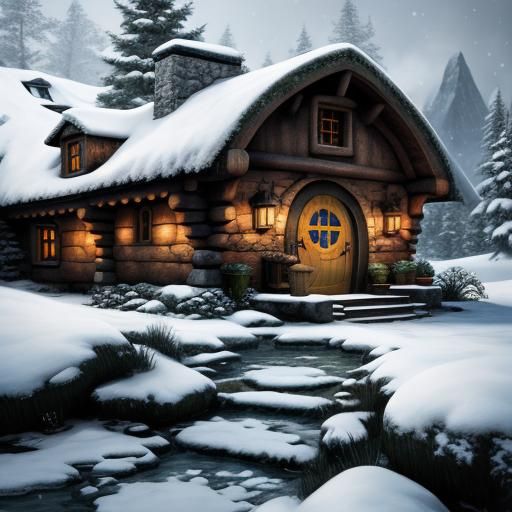 Snowy Hobbit House in Middle Earth