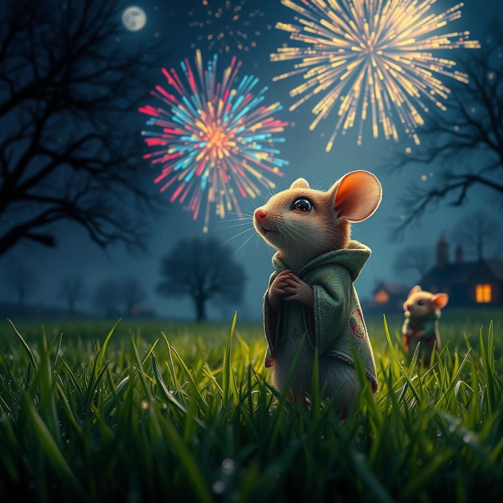 Whimsical Mouse Family Under the Enchanted Night Sky