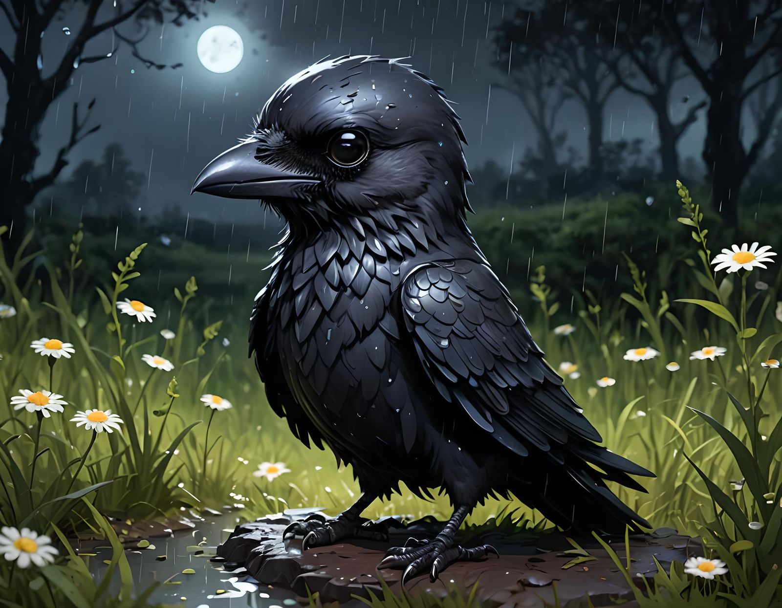 Eerie and Endearing Chibi-Crow in Bioluminescent Meadow