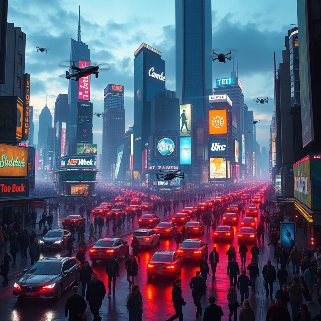 Vibrant Dusk Cityscape with Retro-Futuristic Skyscrapers
