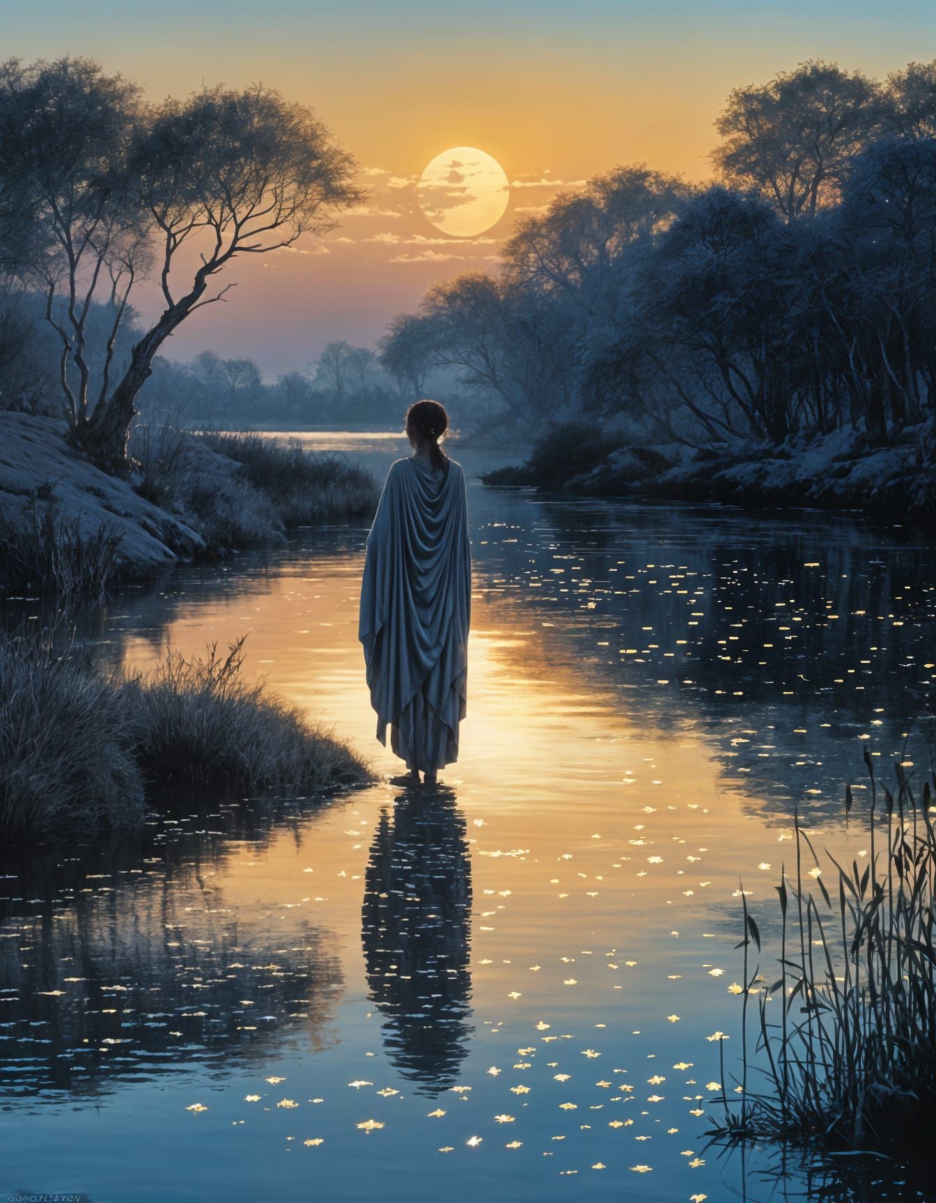 Contemplative Figure on Stone Bridge at Twilight