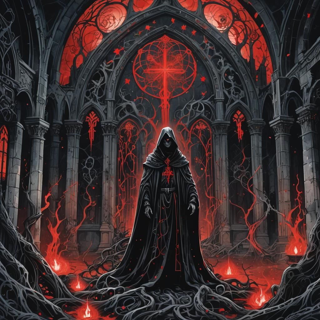 Eerie Gothic Anime Figure in Dark Church