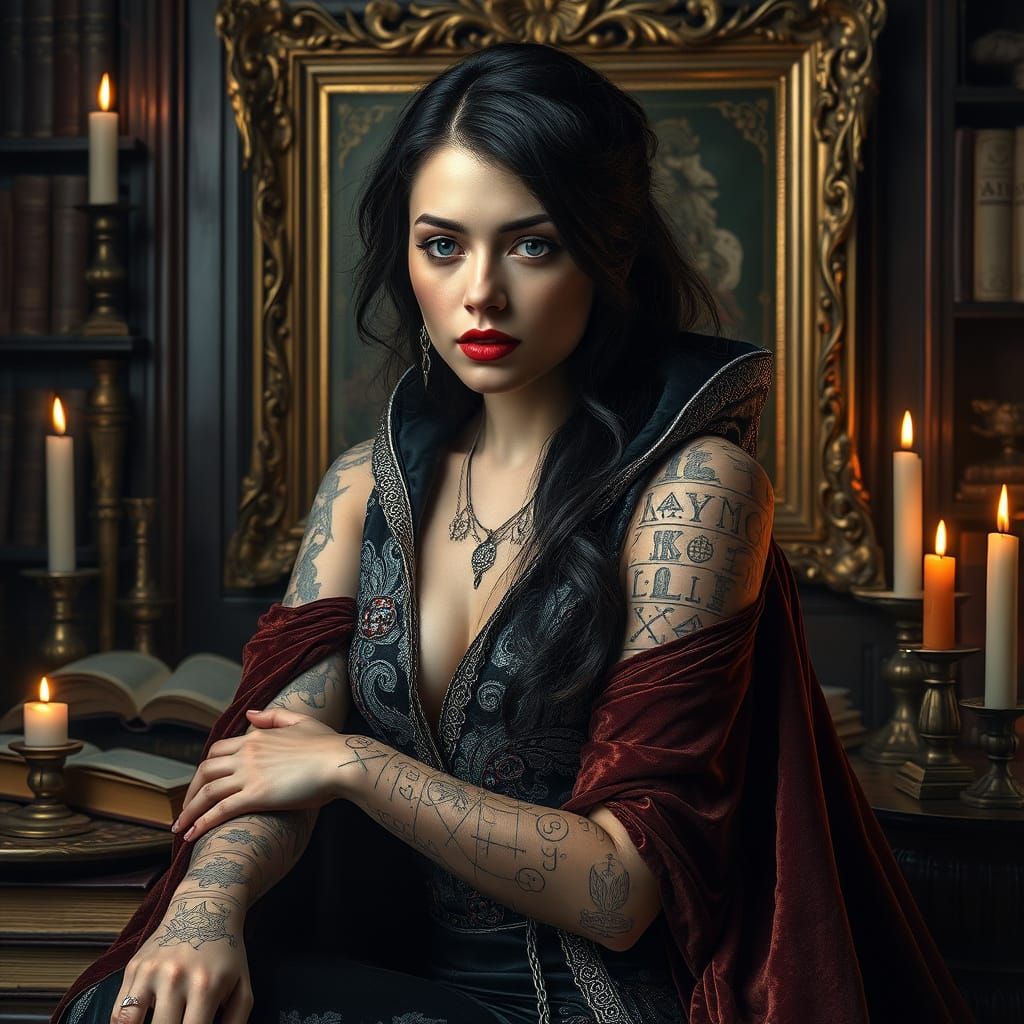 Ethereal Sorceress in Victorian-Era Studio