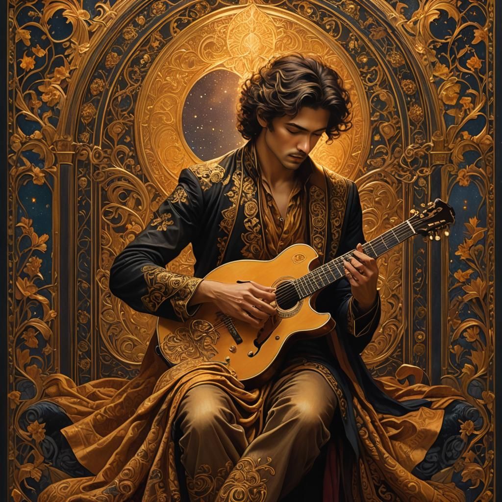 Moody Guitarist in Art Nouveau Mystical Chamber