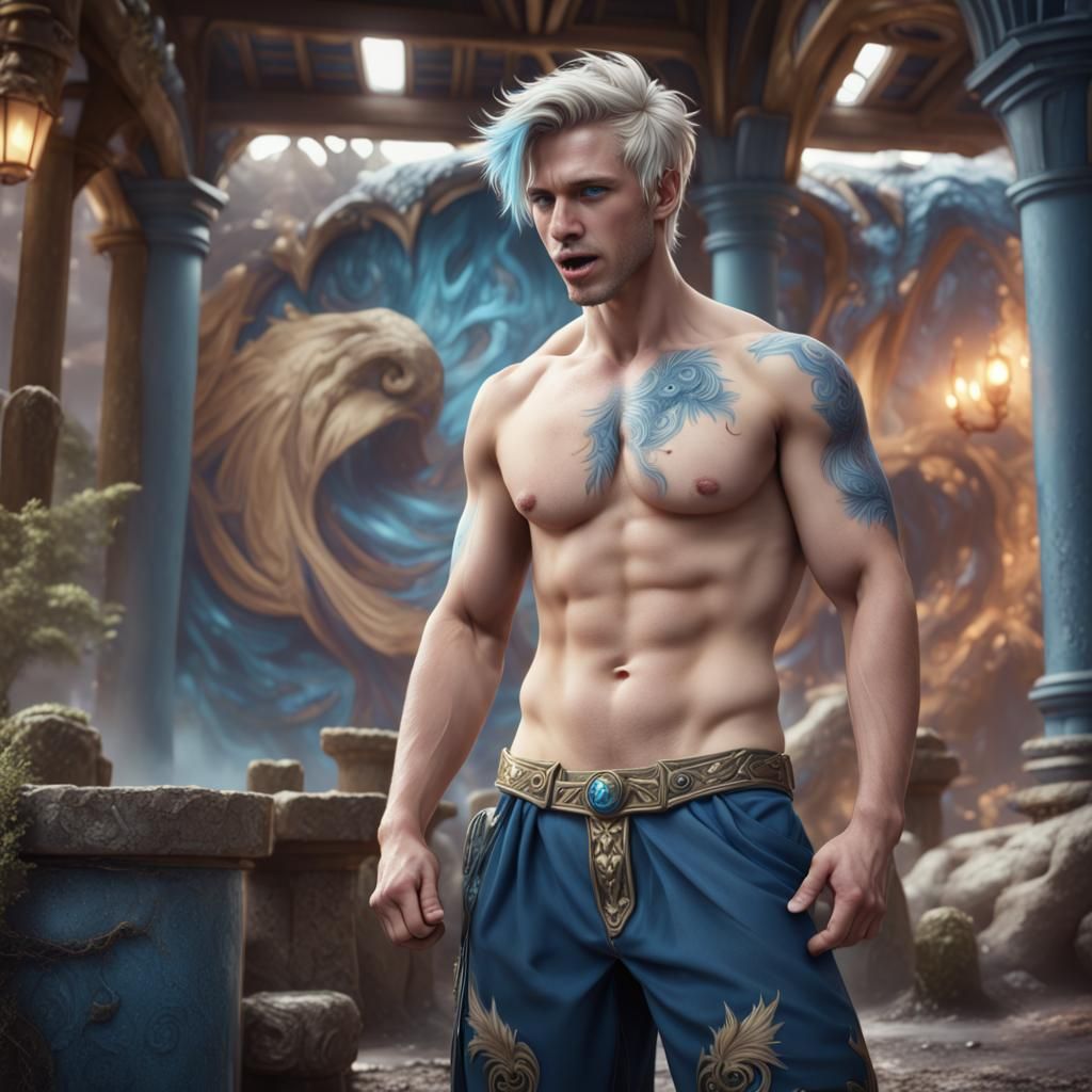 Blue and Blonde Man's Playful Selfie: Digital Matte Painting