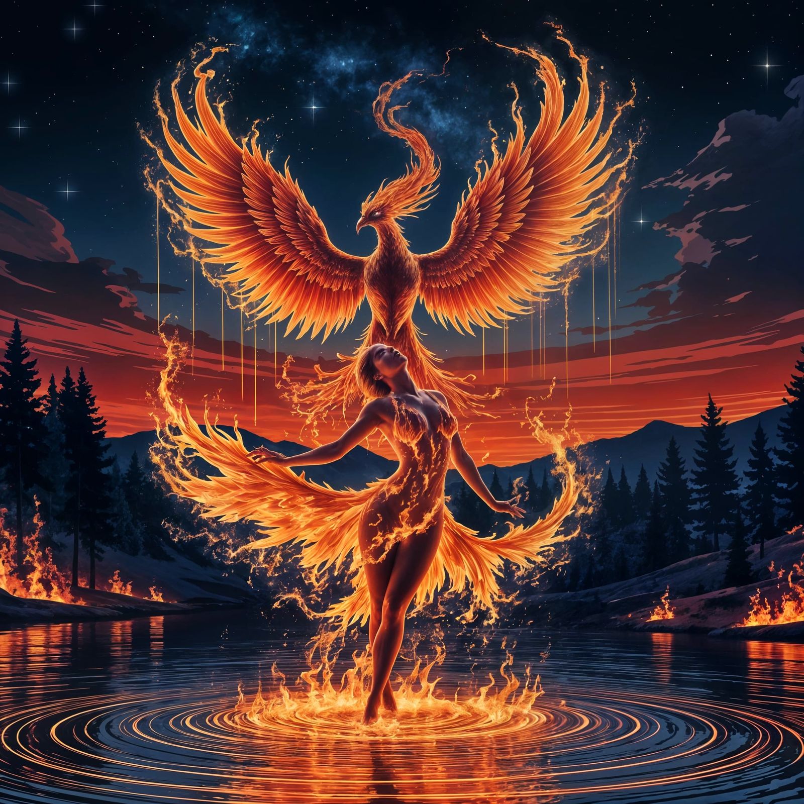 Phoenix and Fiery Woman Unity in Art Nouveau Style