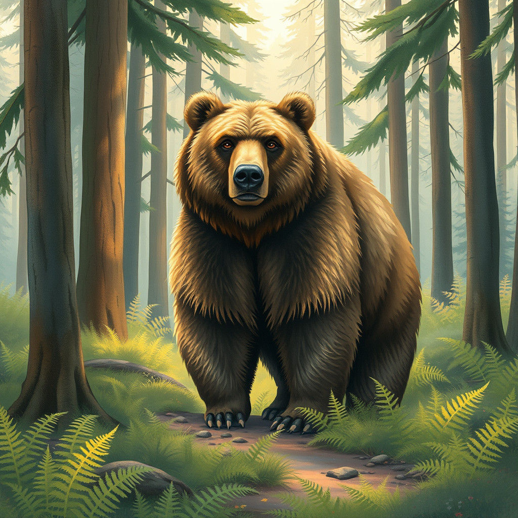 Grizzly Bear in Forest Clearing, Whimsical Art