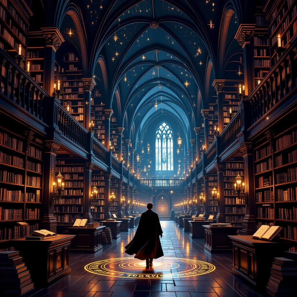 Enchanted Library with Infinity Bookshelves and Portals