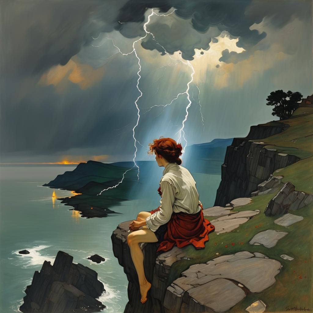 Woman Watching Lightning Storm, Art Nouveau Style