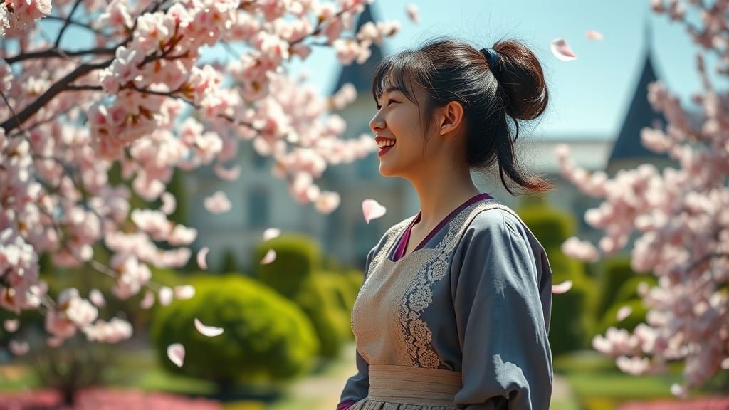 Elegant Japanese Woman in a French Castle Garden