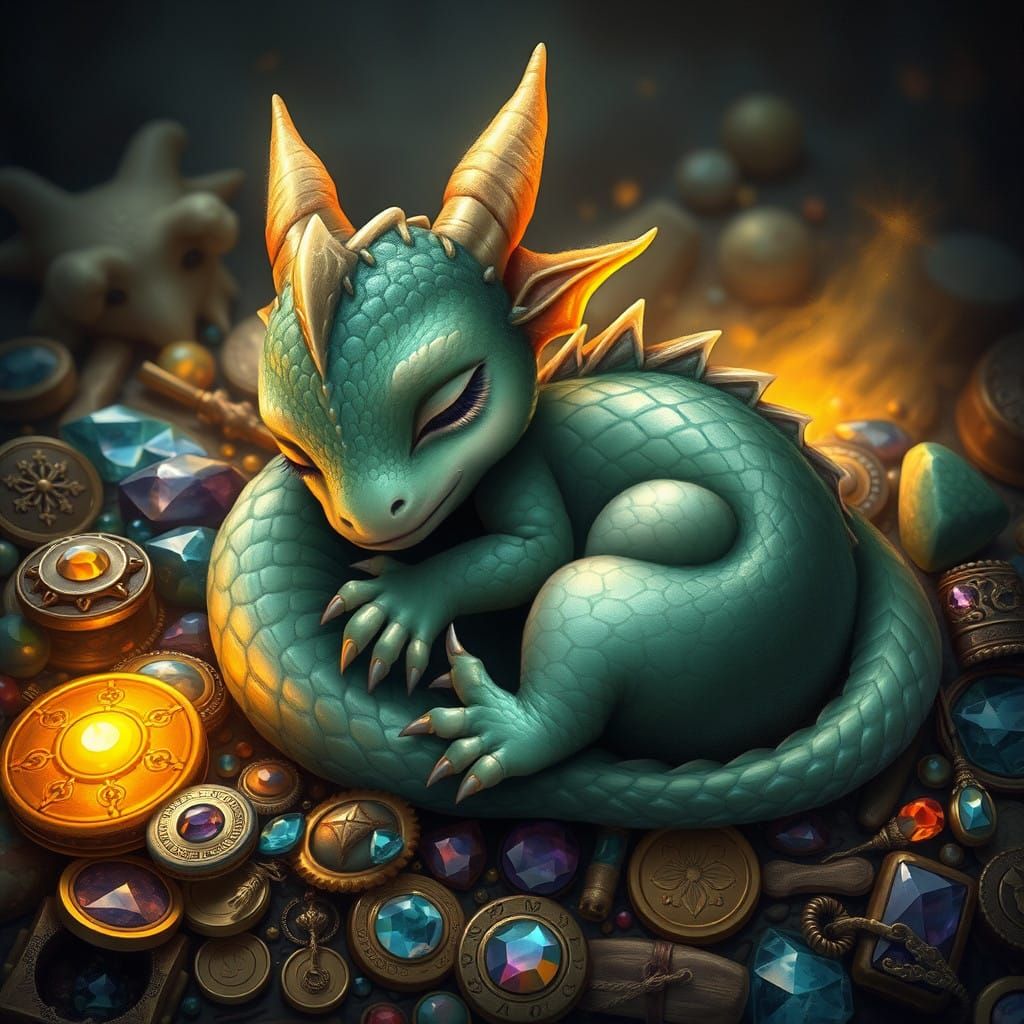 Whimsical Baby Dragon Surrounded by Treasure