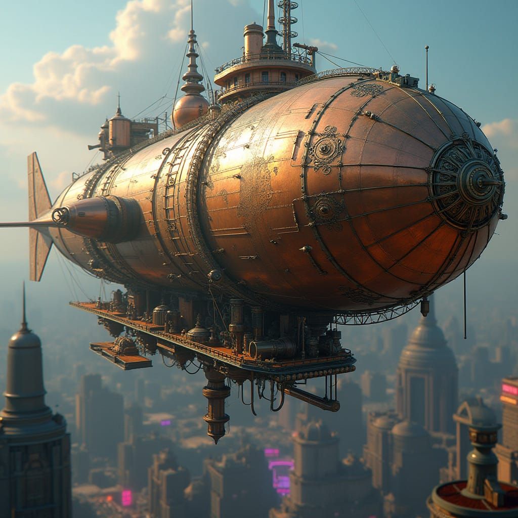Majestic Dieselpunk Airship Dominates Futuristic Metropolis