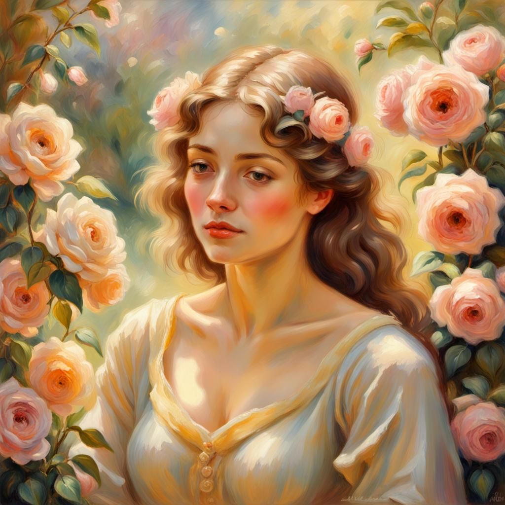 Woman in Rose Garden: Impressionist Style Painting