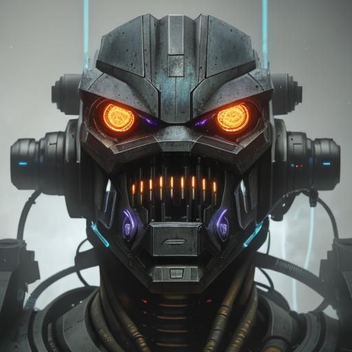 Cyberpunk robotics. Medium shot. A droid stands in a dimly l...