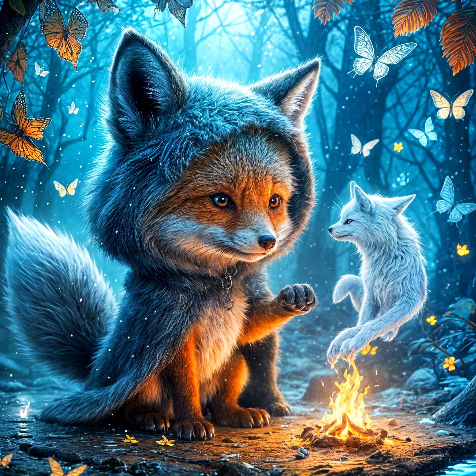 Fox Creature with Elemental Powers in Enchanted Forest