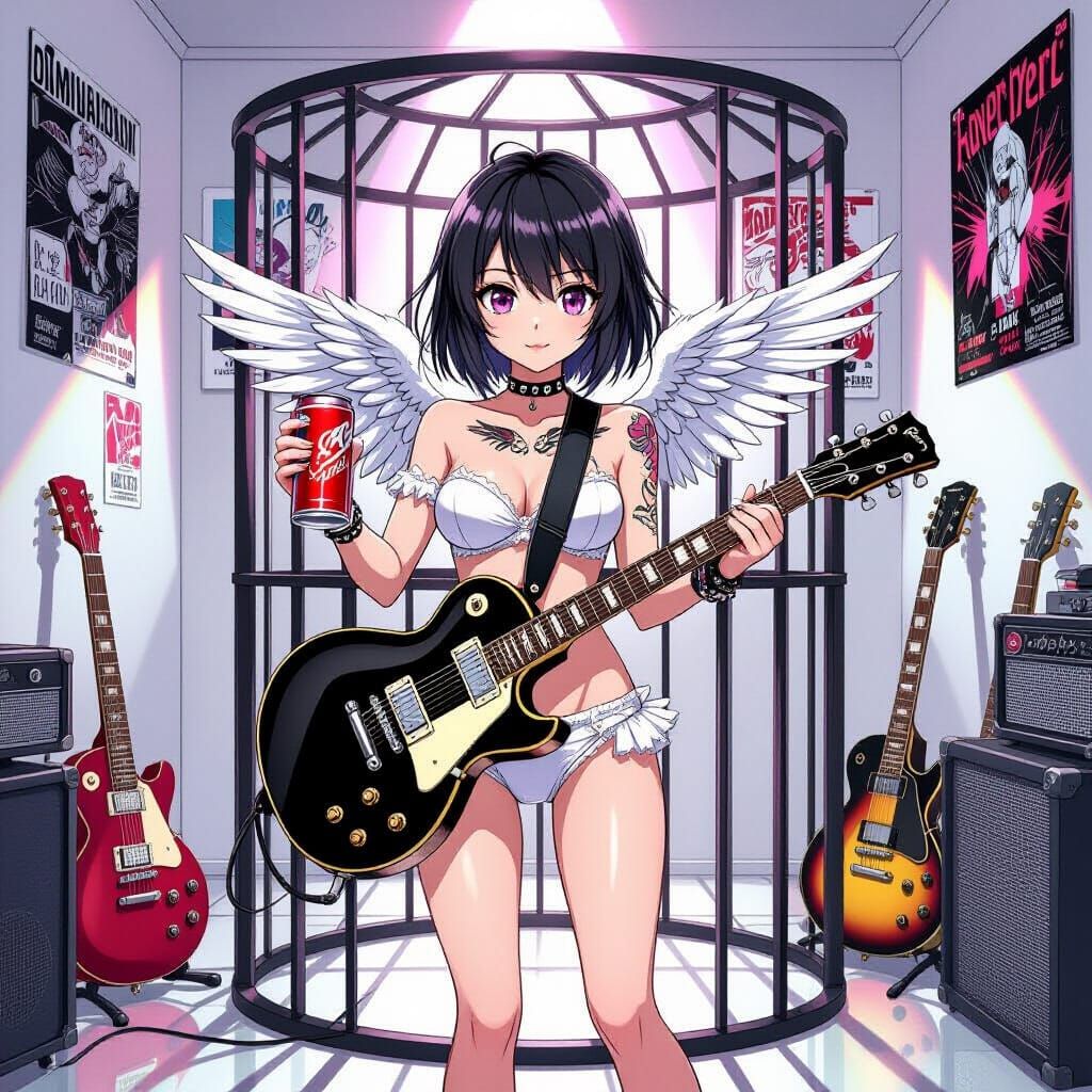 Emo Anime Girl with Guitar in Studio Trigger Style