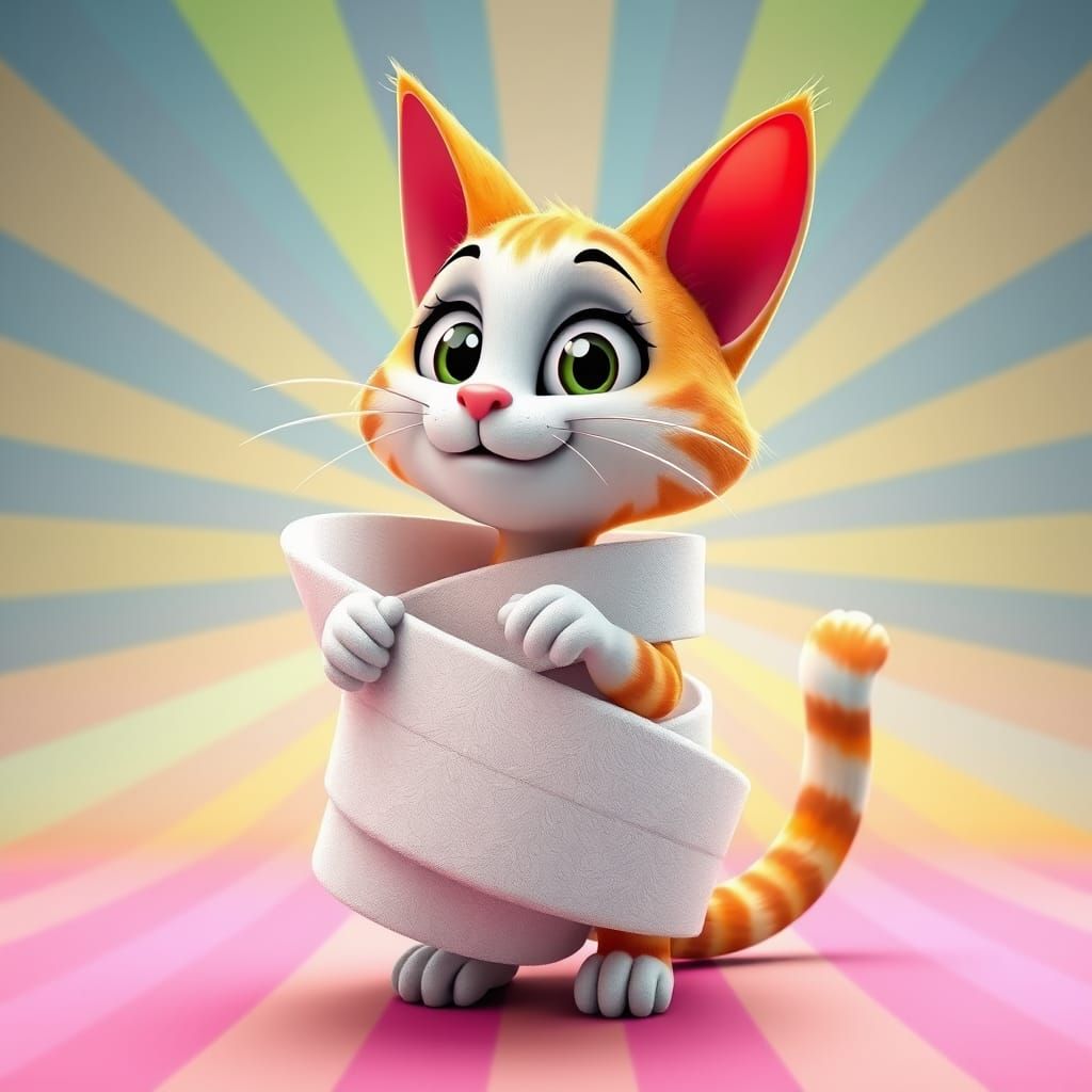 Vibrant Cartoon Cat Wrapped in Swirling Toilet Paper