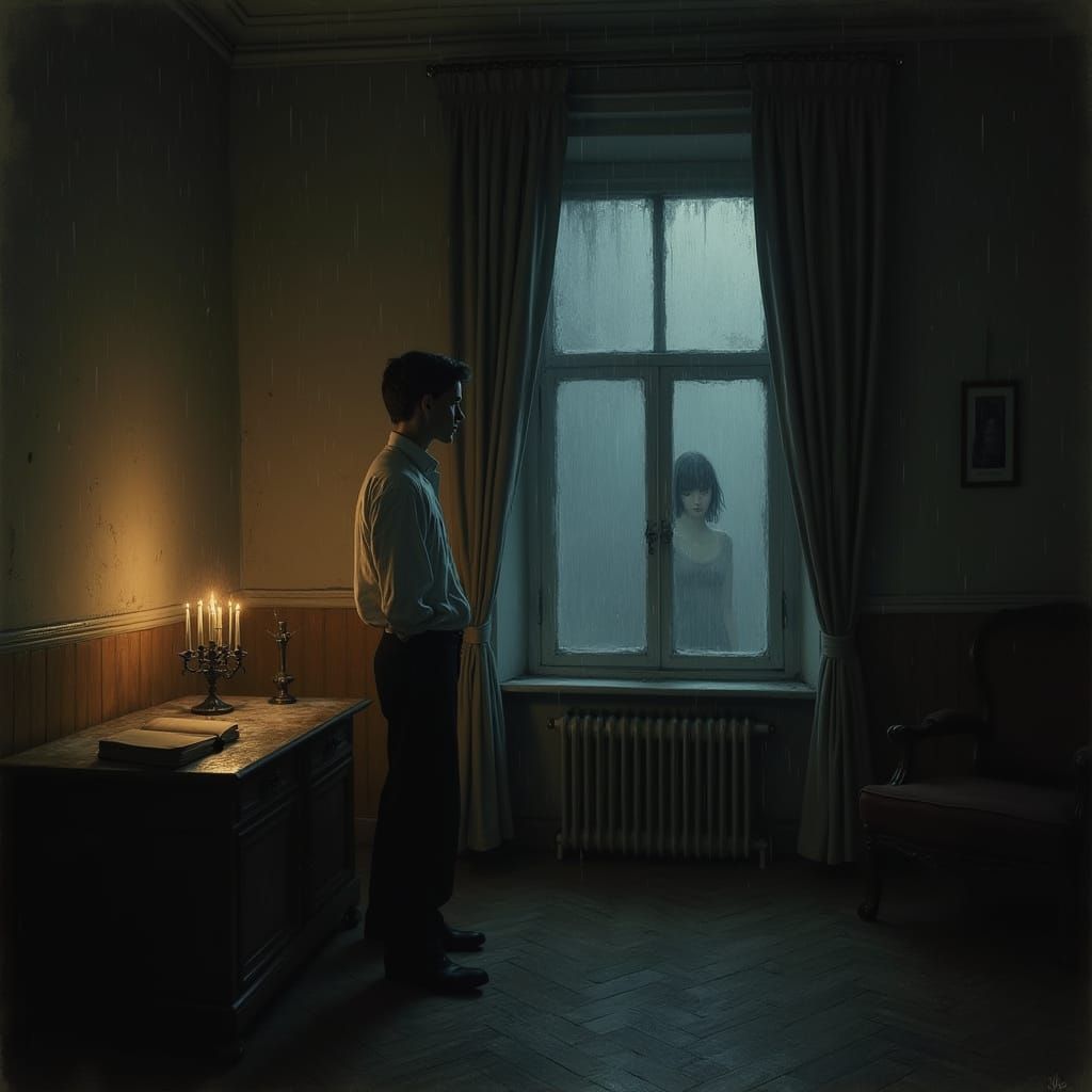 Mysterious Study at Night: A Young Man's Foreboding Gaze