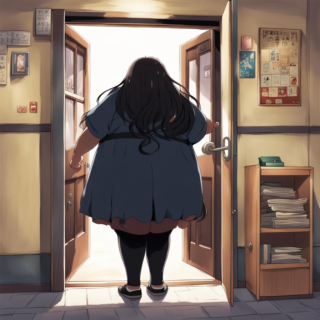 Anime Style: Large Schoolgirl at Doorway