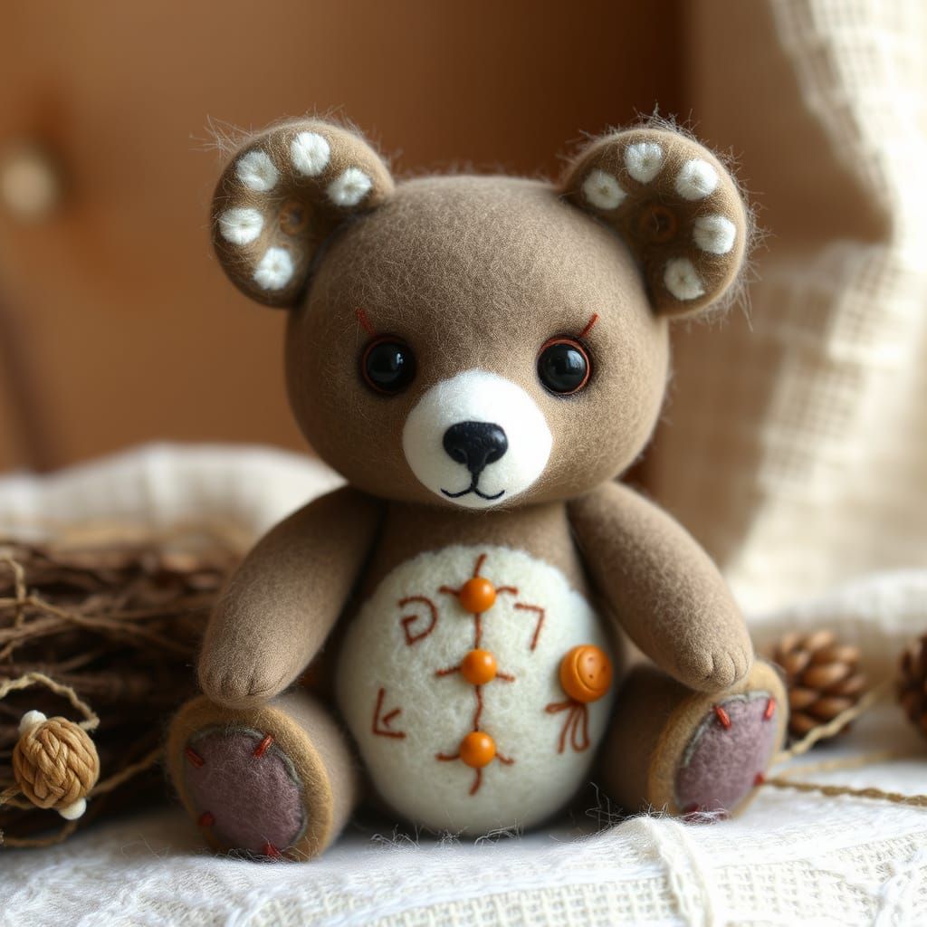 Felted Bear with Stitched Details in Folk-Art Style