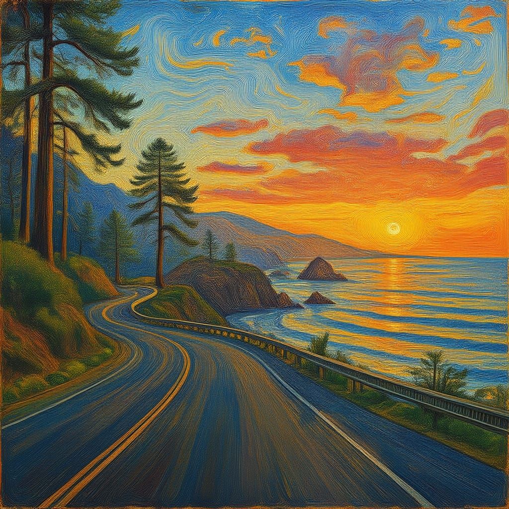 Pacific Coast Highway Drive With Distant Redwood Trees