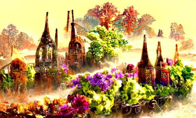 Gothic Abbey with Blooming Trees in Mixed Media