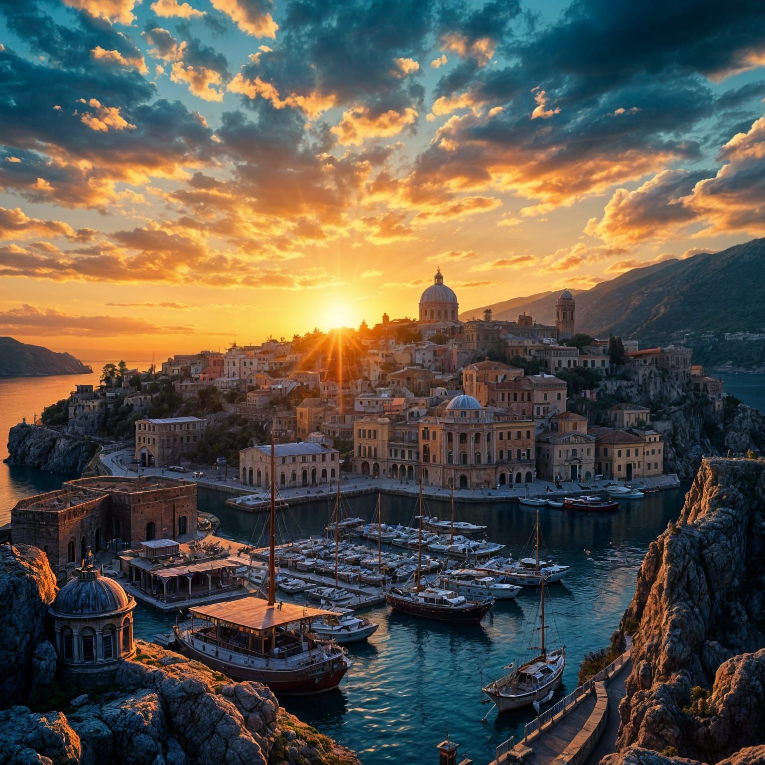 Corfu Sunset: Ancient Grecian City in Detailed Matte Paintin...