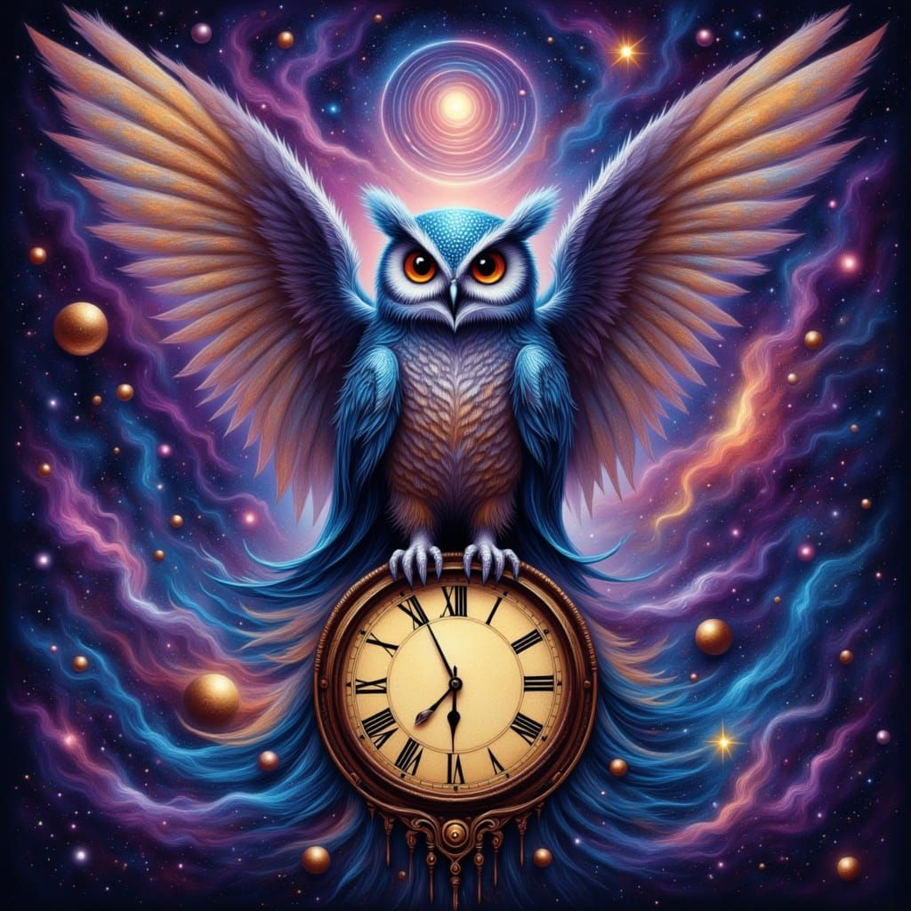 Cosmic Owl on Celestial Clock in Surreal Digital Style