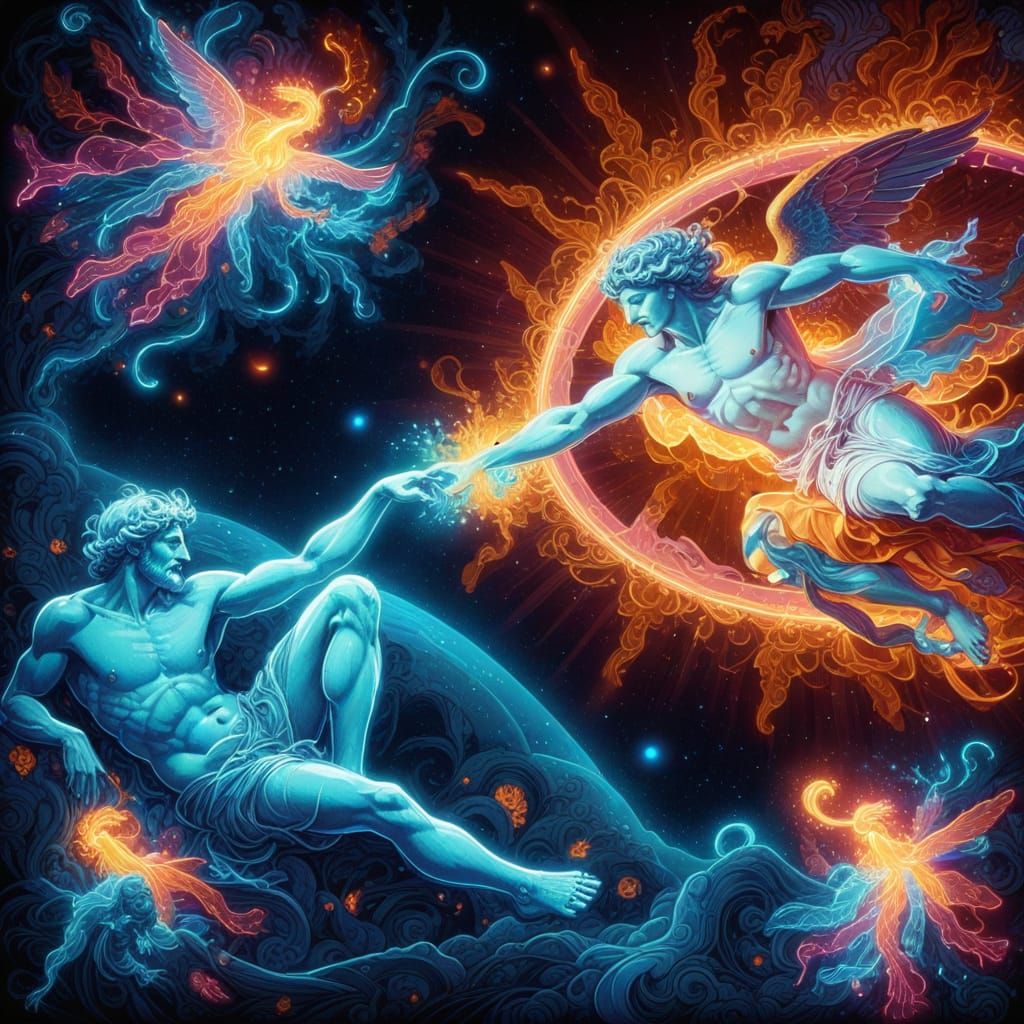 Bioluminescent Creation of Adam in Neon Renaissance Style