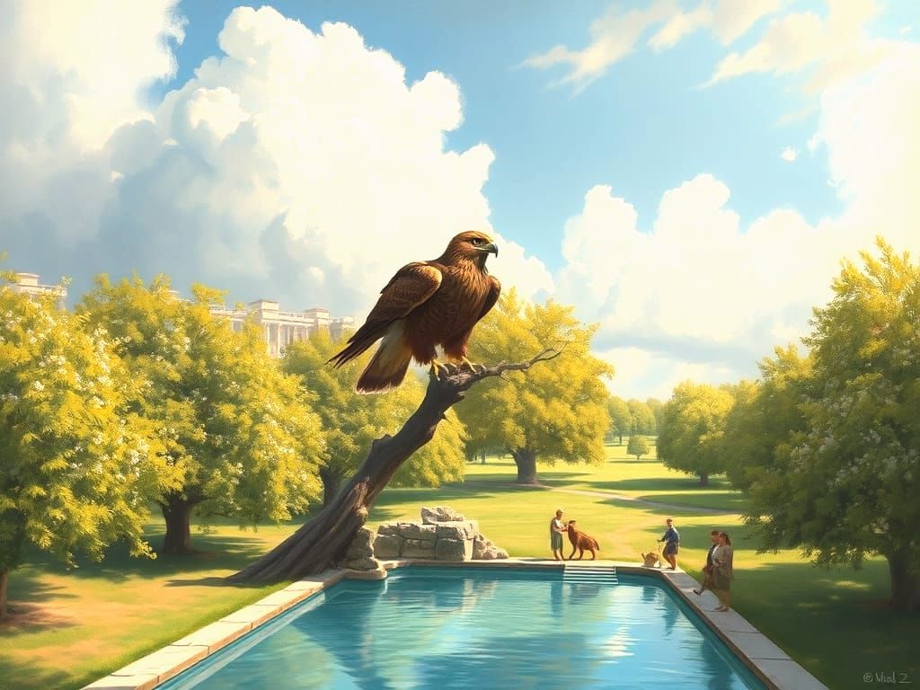 Majestic Falcon Over Orchard Pool in Dynamic Art Style