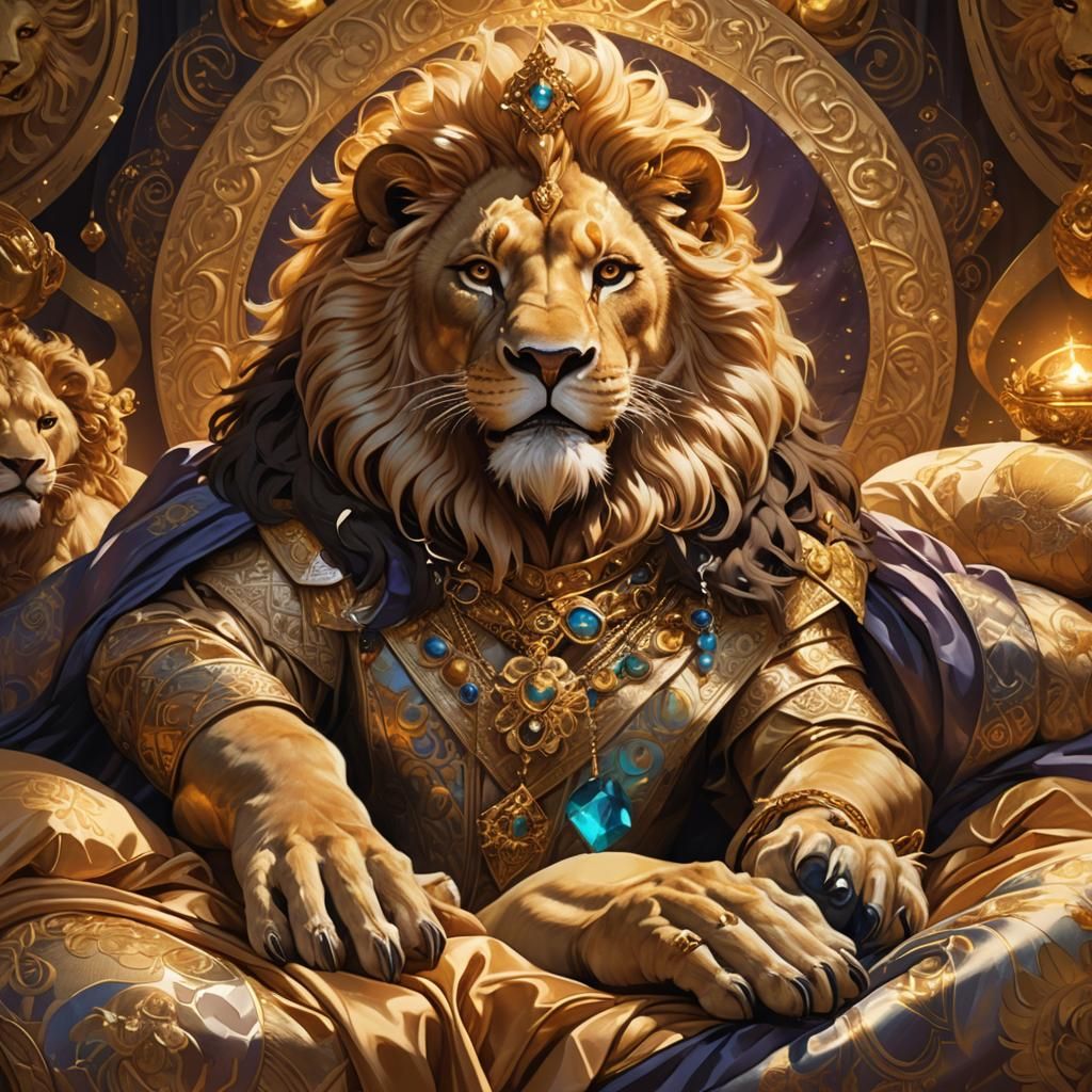 Golden Lion-Headed Humanoid on Silk Pillows