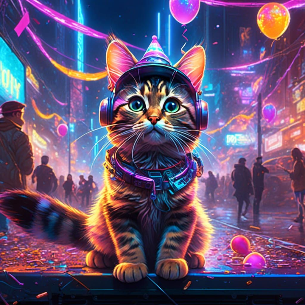 Cyberpunk Kitten Celebrates New Year in Neon City