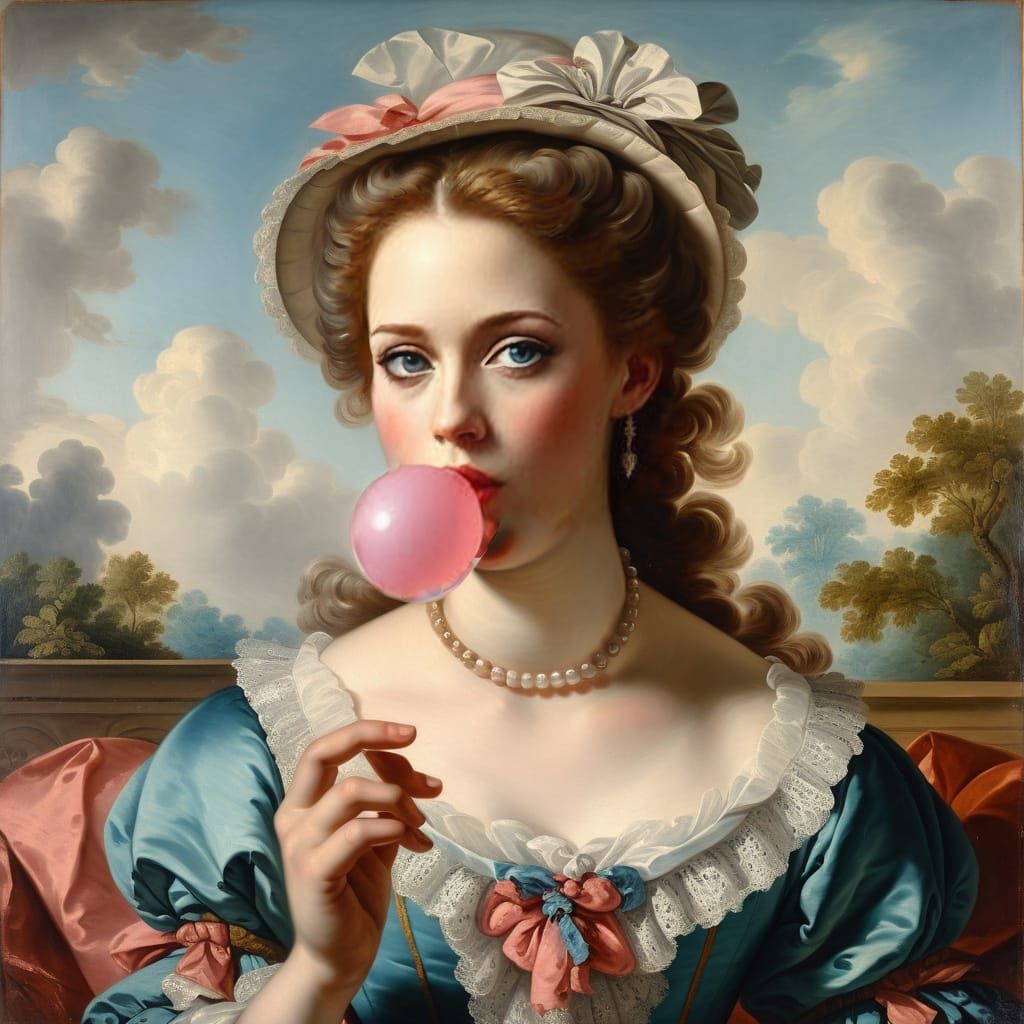 Rococo Portrait of a Noblewoman Blowing Bubblegum in Oil on ...