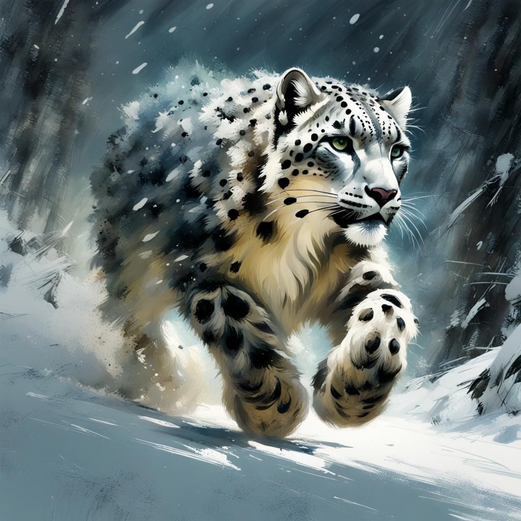 Snow Leopard in Snowy Forest: Matte Painting