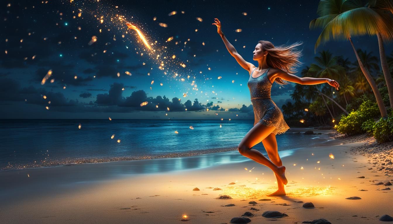 Girl Dancing on Tropical Beach with Fireflies