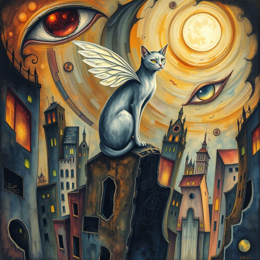 Mystical Fairy Cat in Surrealist Watercolor Impasto Style