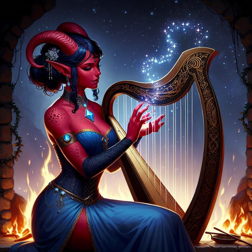 Tiefling Bard Plays Harp in Dark Fantasy Style