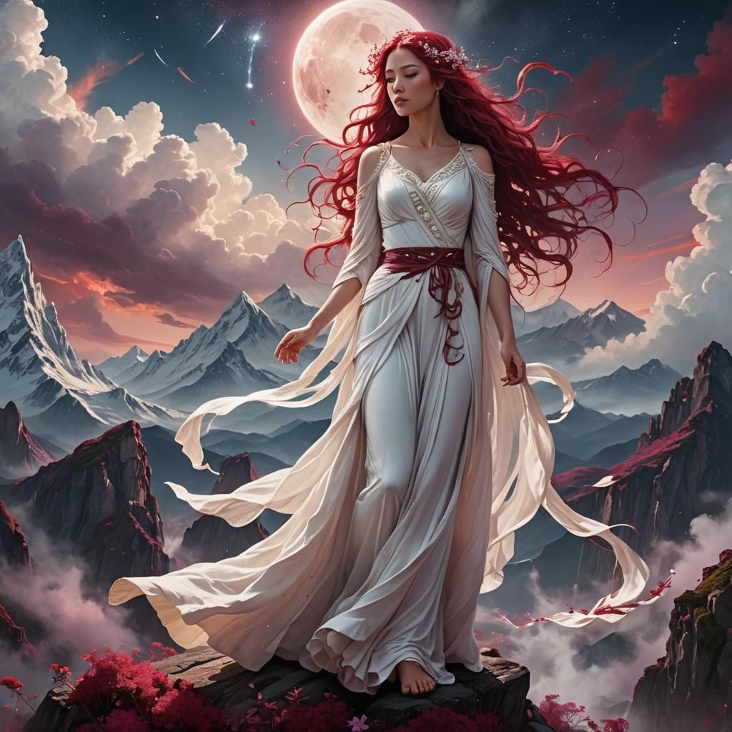 Goddess in White and Red on Celestial Mountain