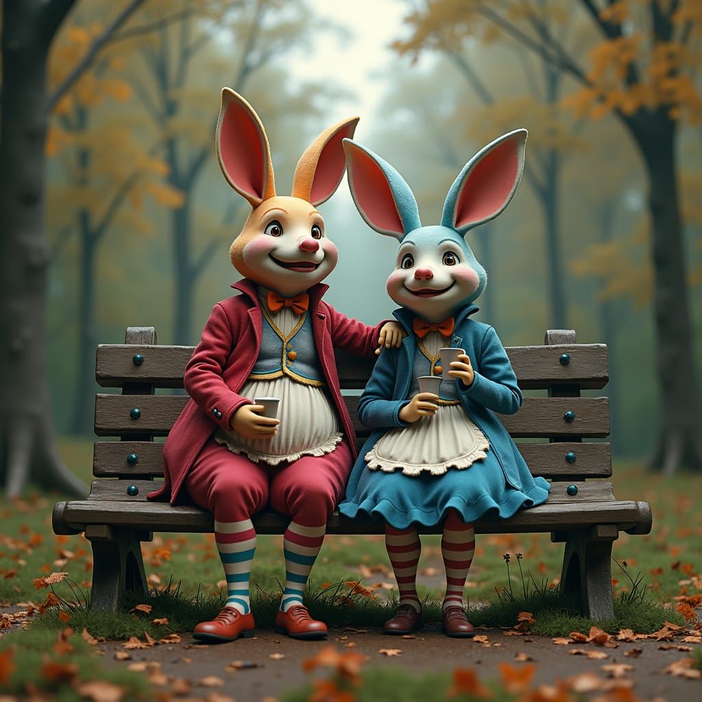 Tweedle Dee and Tweedle Dum on Bench