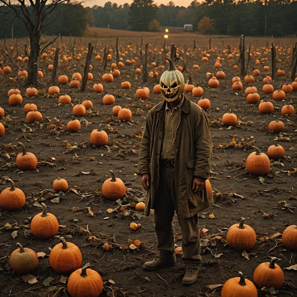 Eerie Pumpkin Patch Figure in American Regionalism Style