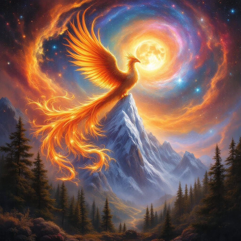 Majestic Phoenix on Crystal Peak in Cosmic Vortex