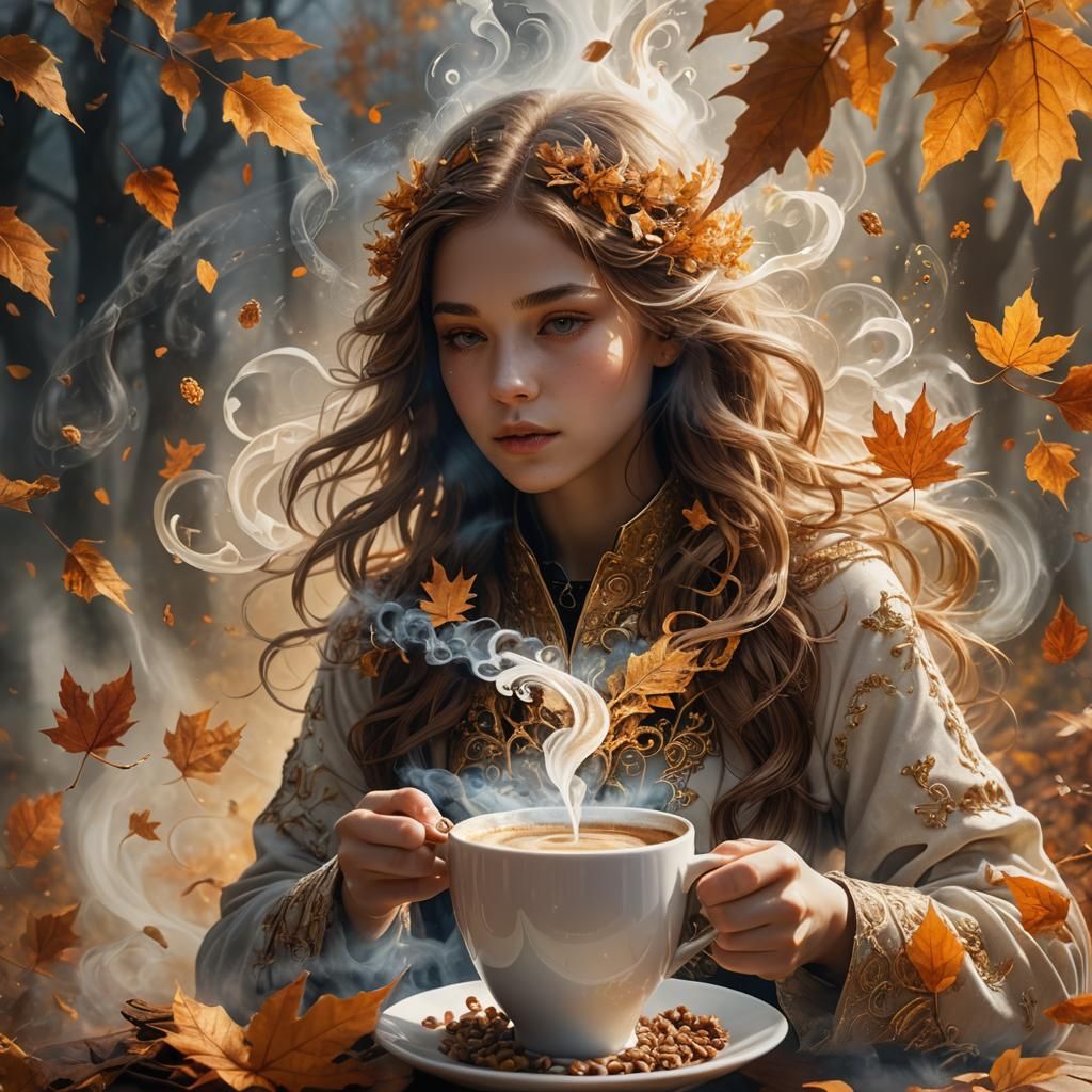 Ethereal Vapor Girl Dancing Above Coffee Cup