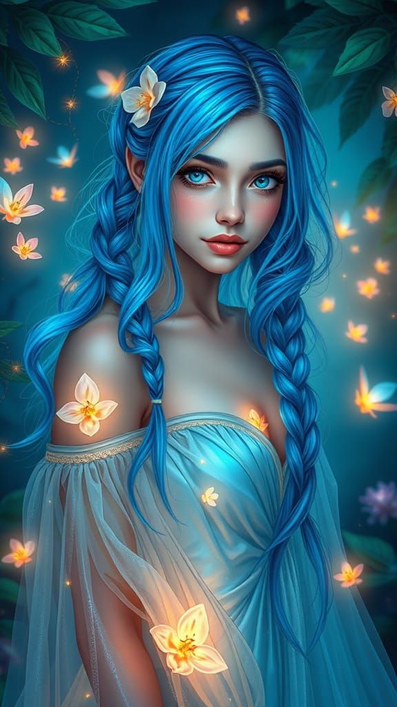 Enchanted Blue Goddess in Whimsical Garden